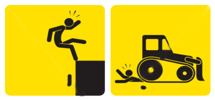 Warning sign of man falling off a cliff. Warning sign of man getting run over by a bulldozer.