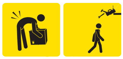 Warning sign of man injuring back. Warning sign of man about to get hit on head by falling toolbox.