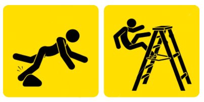 Warning sign of man tripping over a rock. Warning sign of man falling off of a ladder.