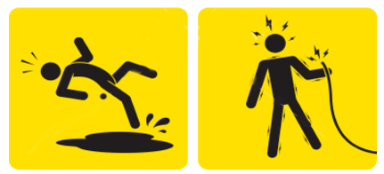 Warning sign of man slipping on oil. Warning sign of man getting electrocuted by a live wire.