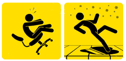 Warning sign of man falling backward off his chair. Warning sign of man slipping on ice.